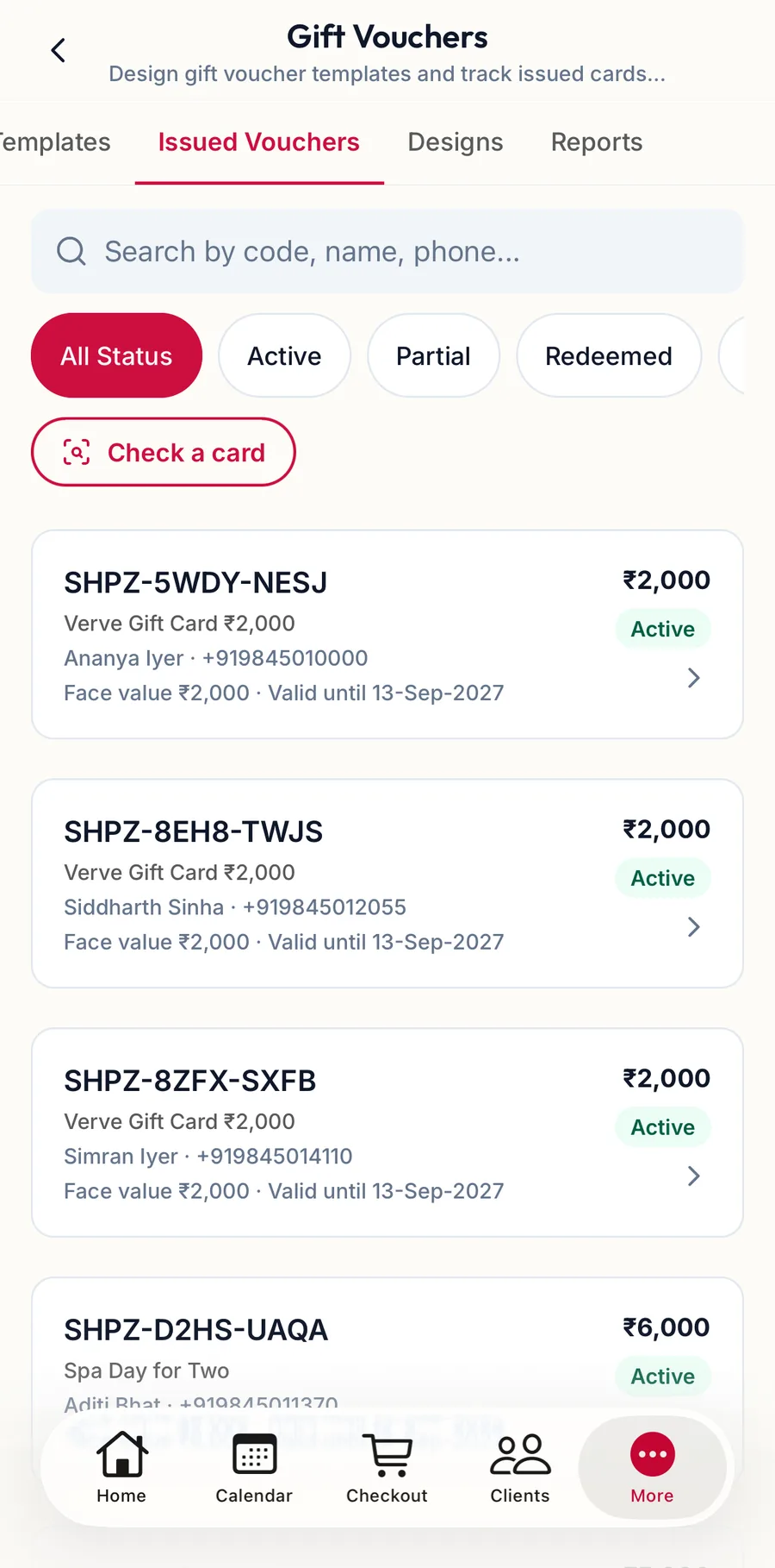 The Issued Vouchers tab in the app