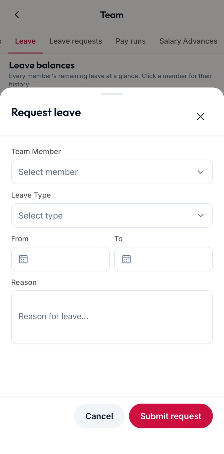 The Request leave sheet in the app