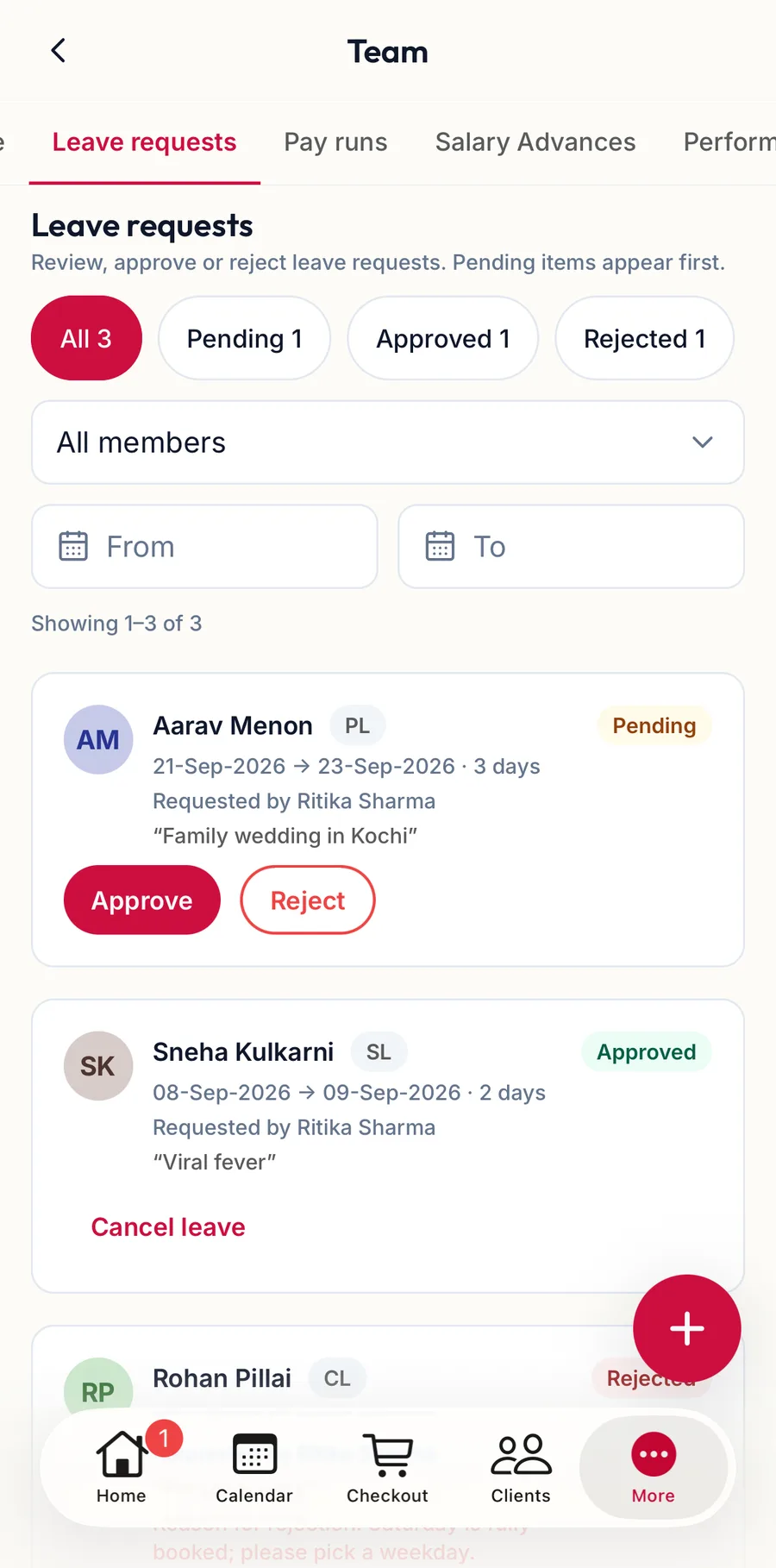 The Leave requests tab in the app