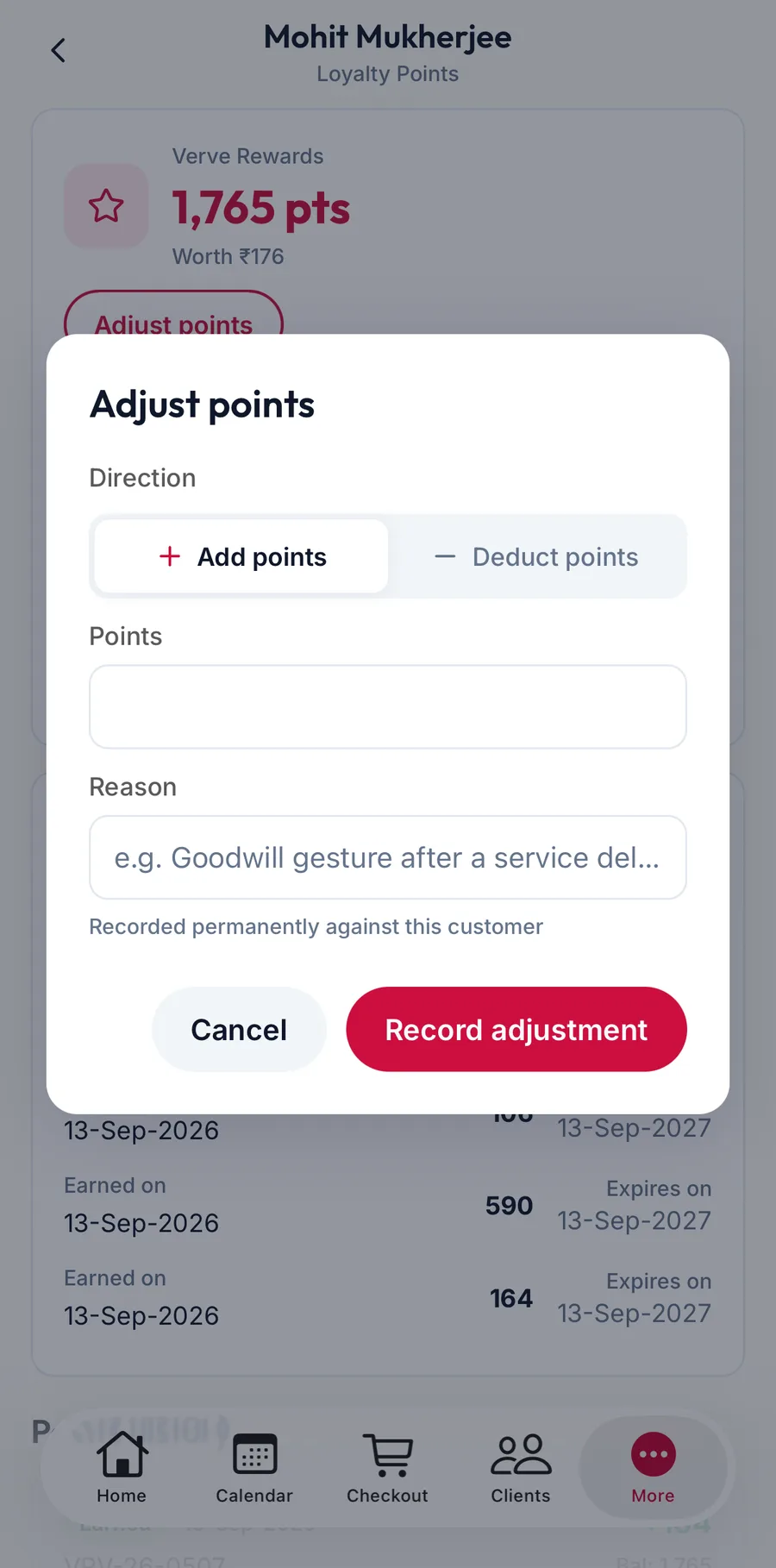 The adjust points dialog in the app