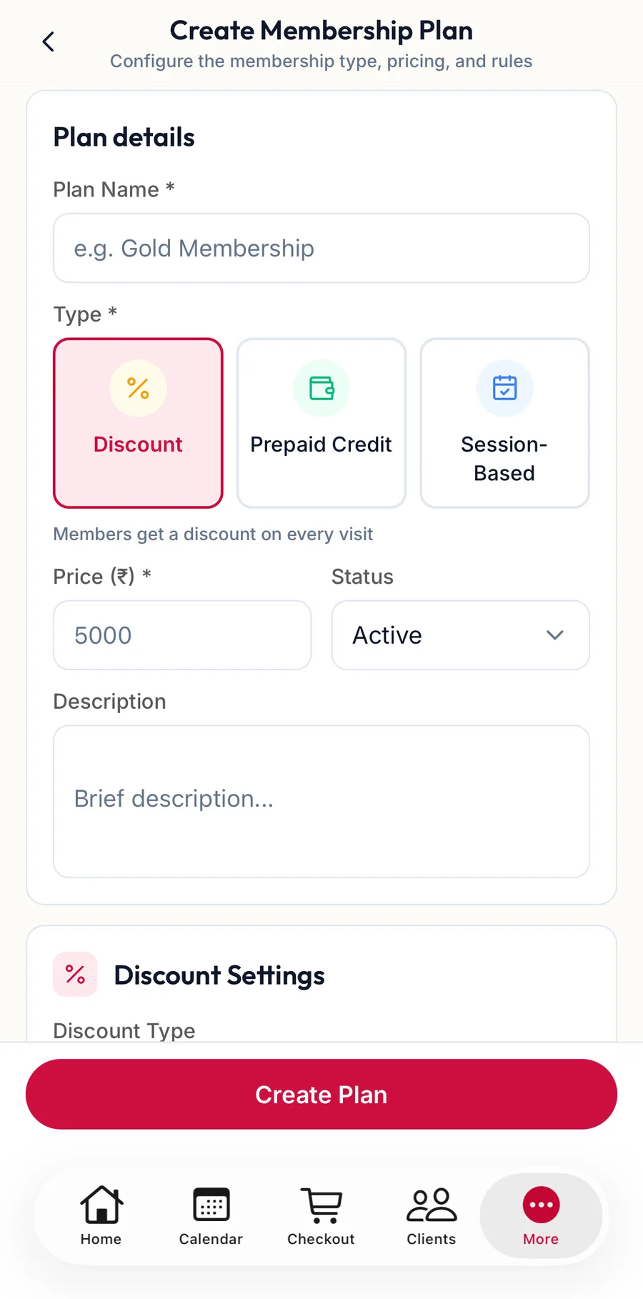 The Create Membership Plan form in the app