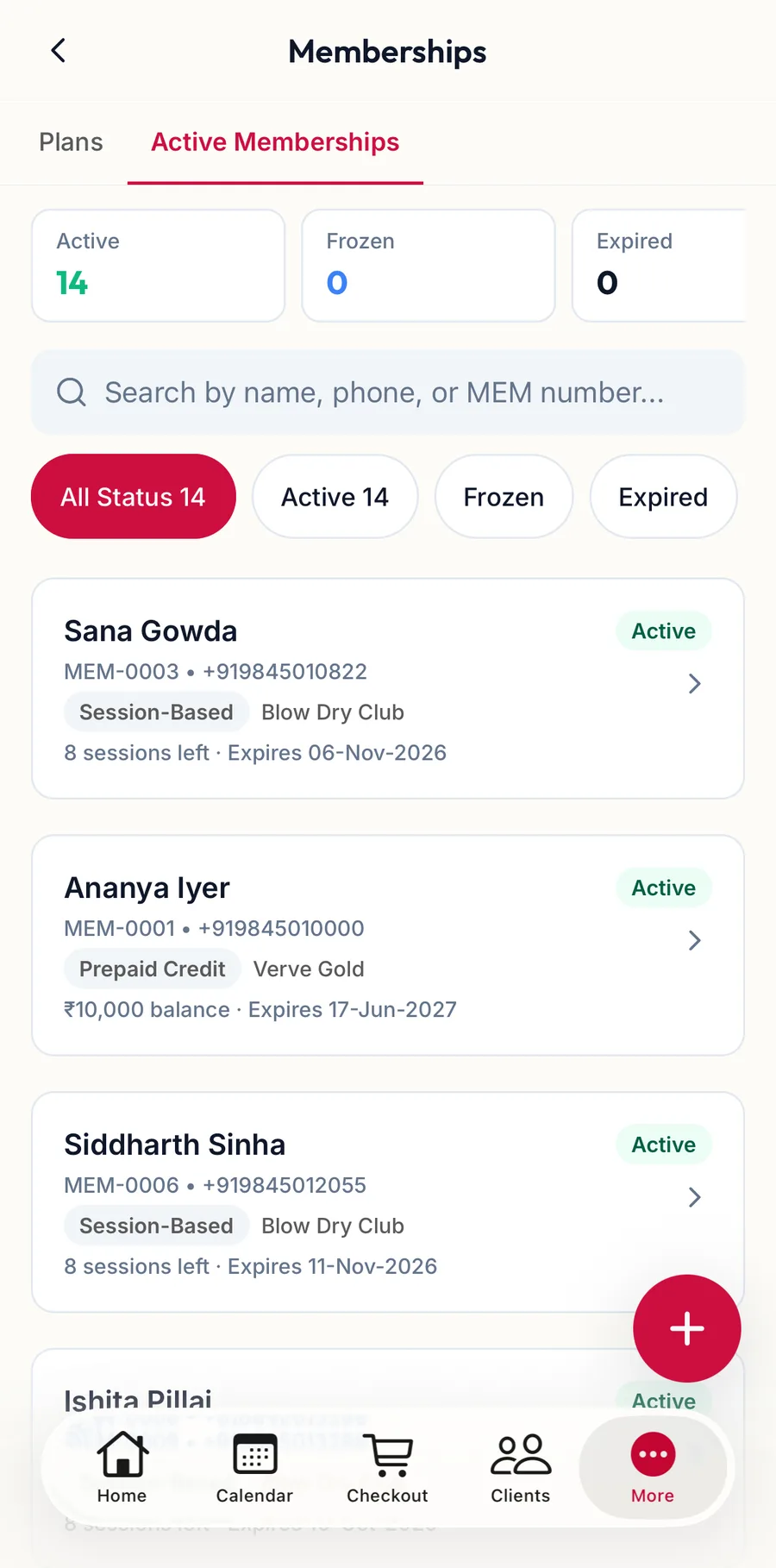 The Active Memberships tab in the app