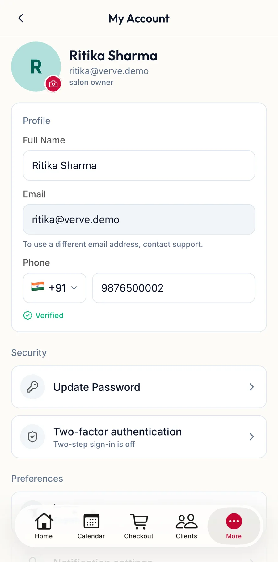The My Account screen in the app