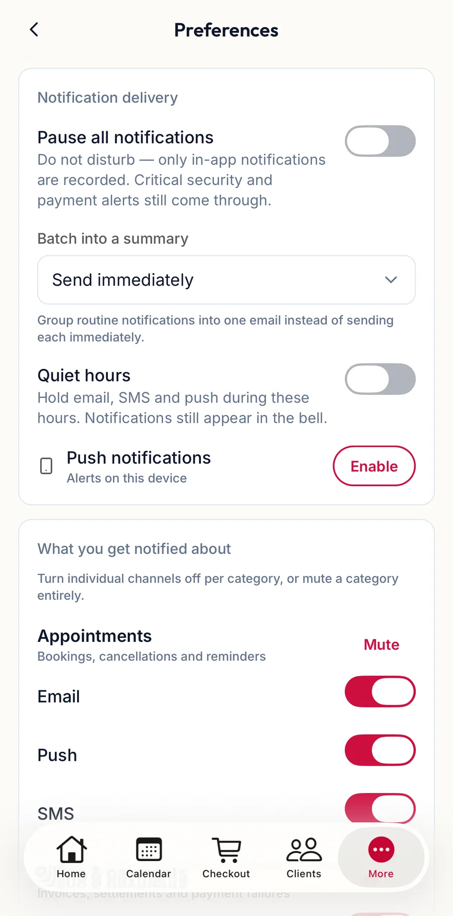 Notification preferences in the app