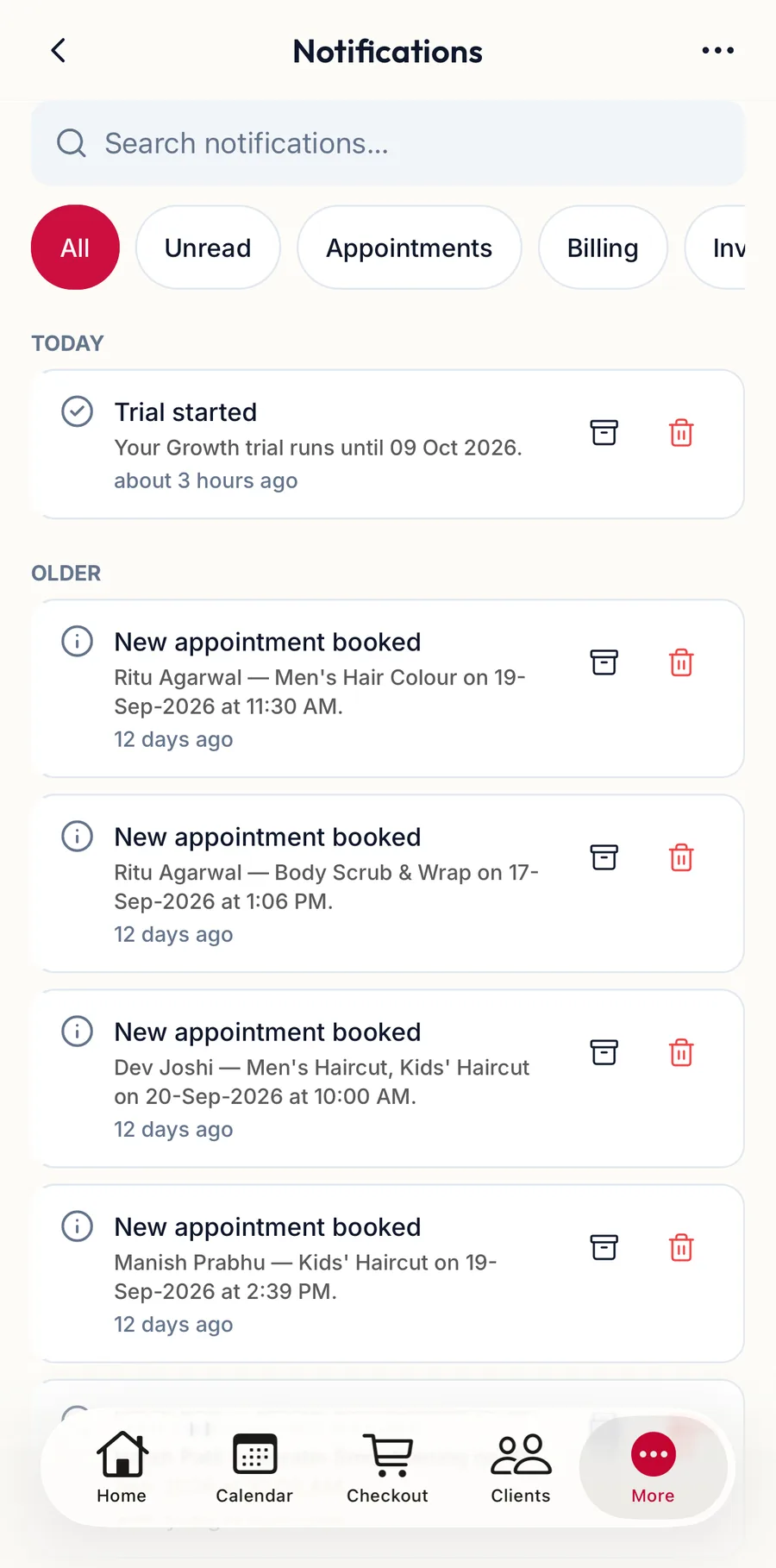 The Notifications screen in the app