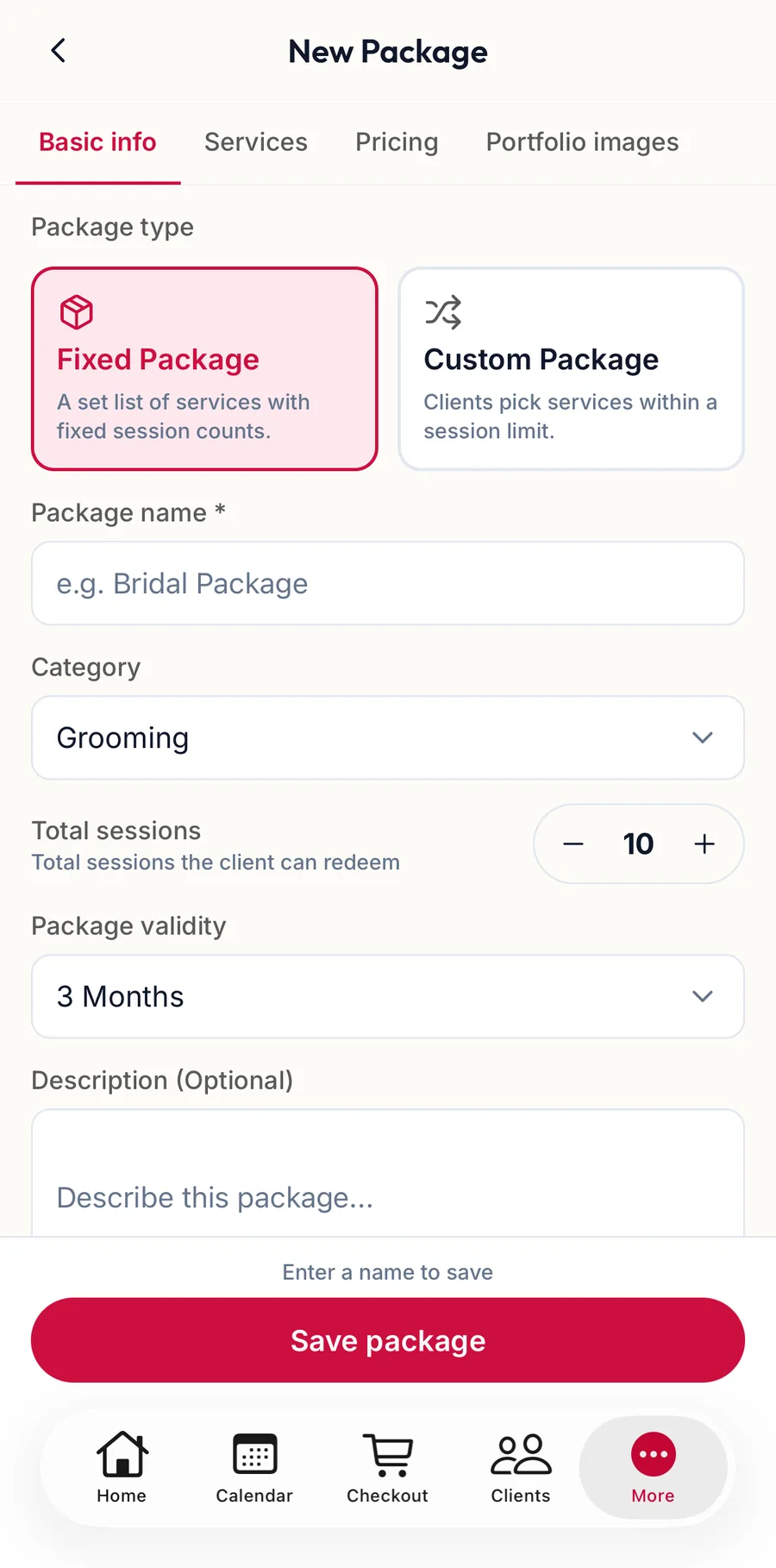 The New Package form in the app