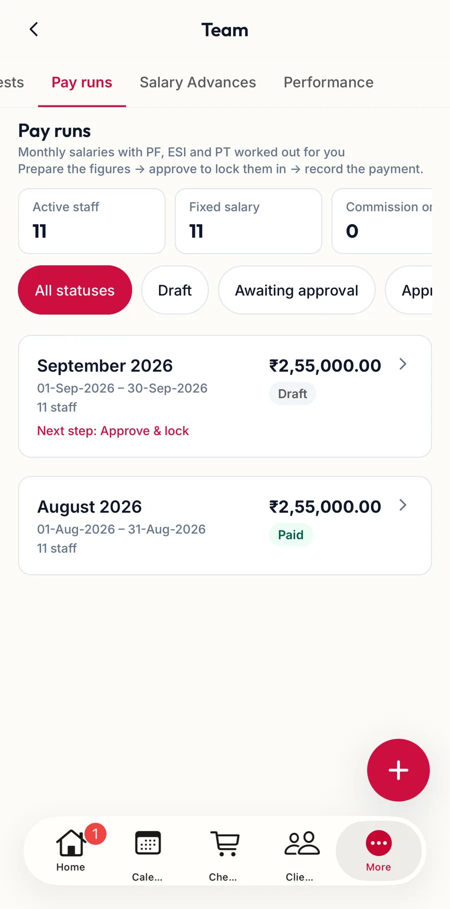 The Pay runs tab in the app