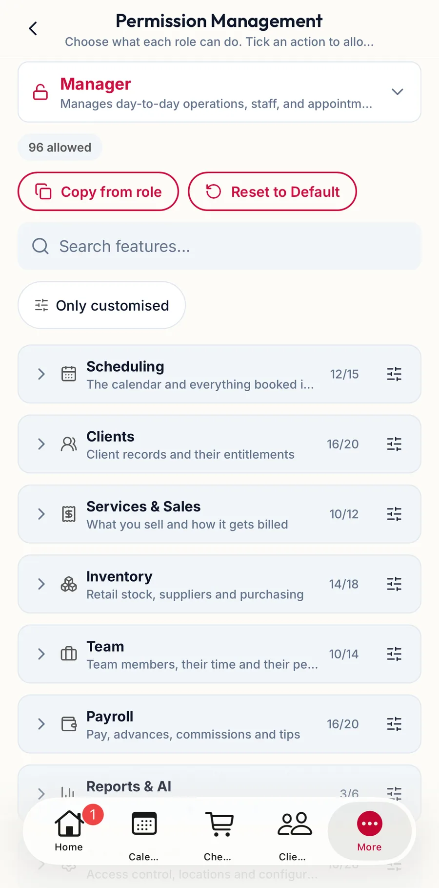 The permission matrix in the app