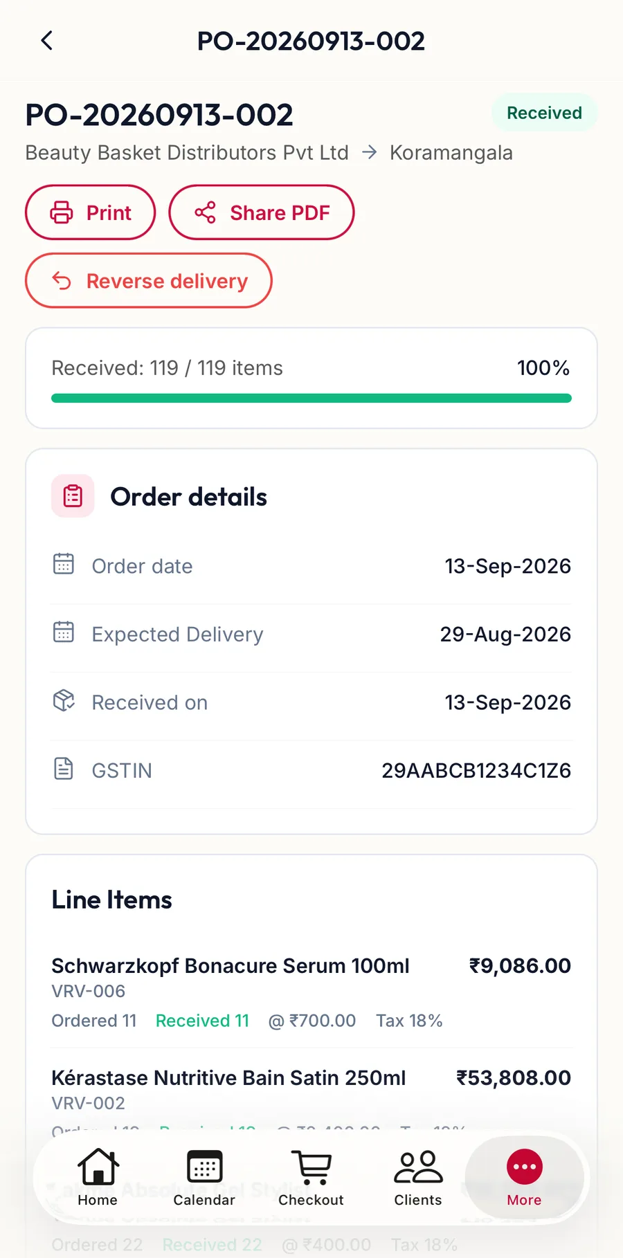 A purchase order open in the app