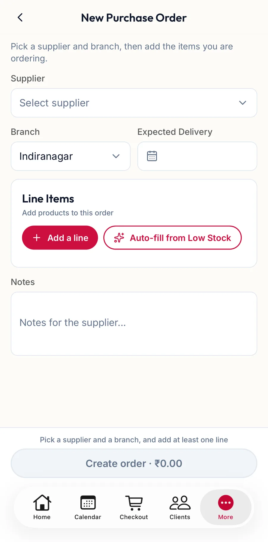 The New Purchase Order form in the app