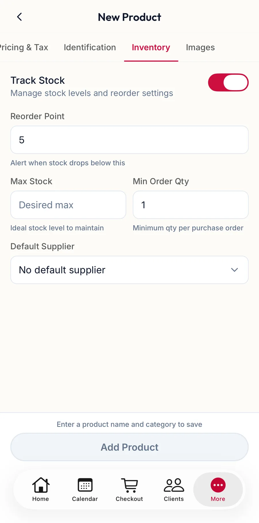 The Inventory section of the product form in the app
