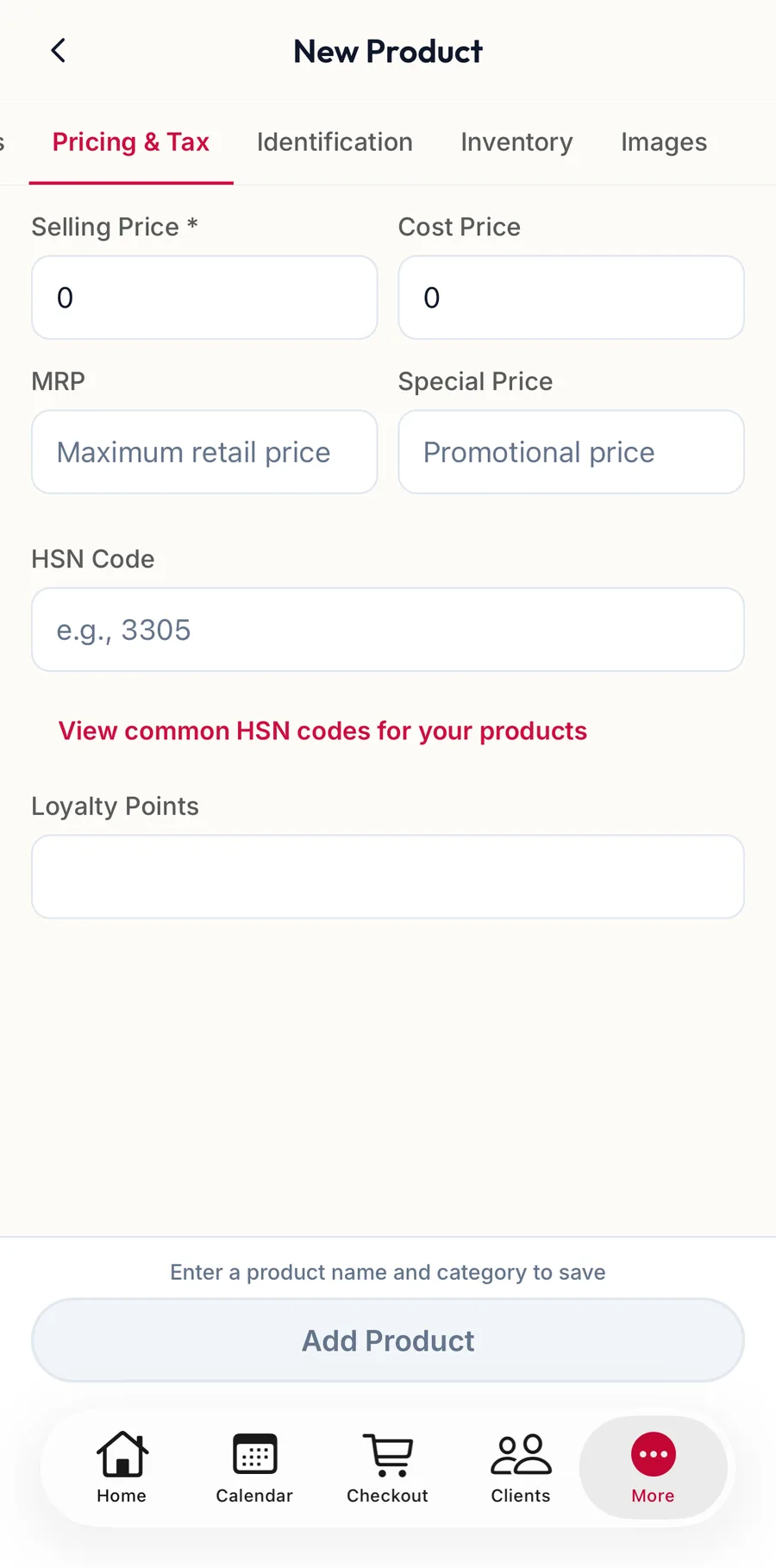 The Pricing and Tax section of the product form in the app
