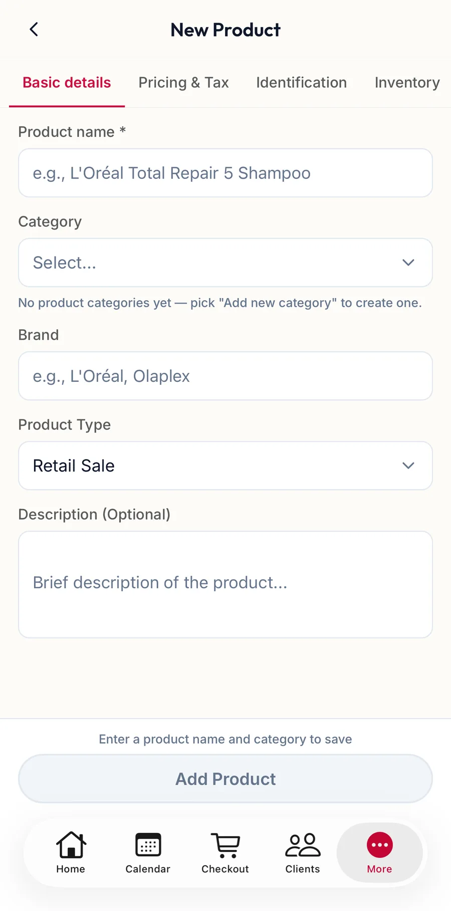 The New Product form in the app