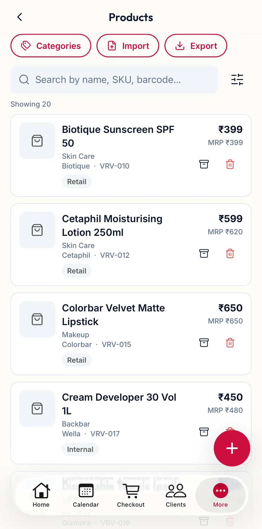 The Products screen in the app