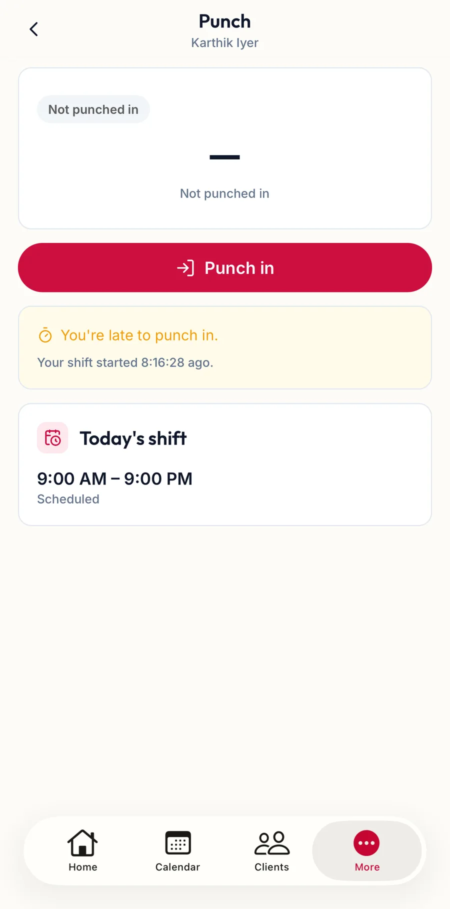 The Punch screen in the app before punching in