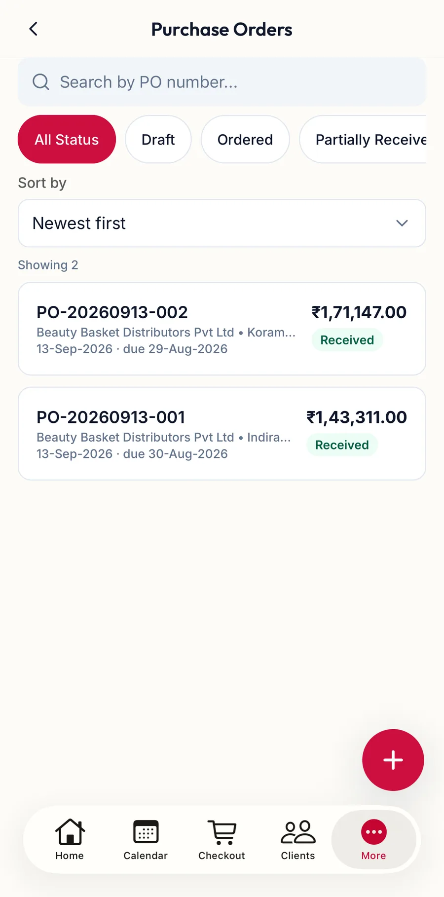 The Purchase Orders screen in the app