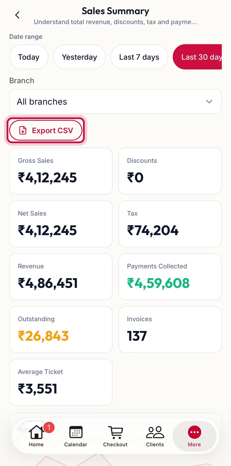 A report in the app with the Export CSV button highlighted