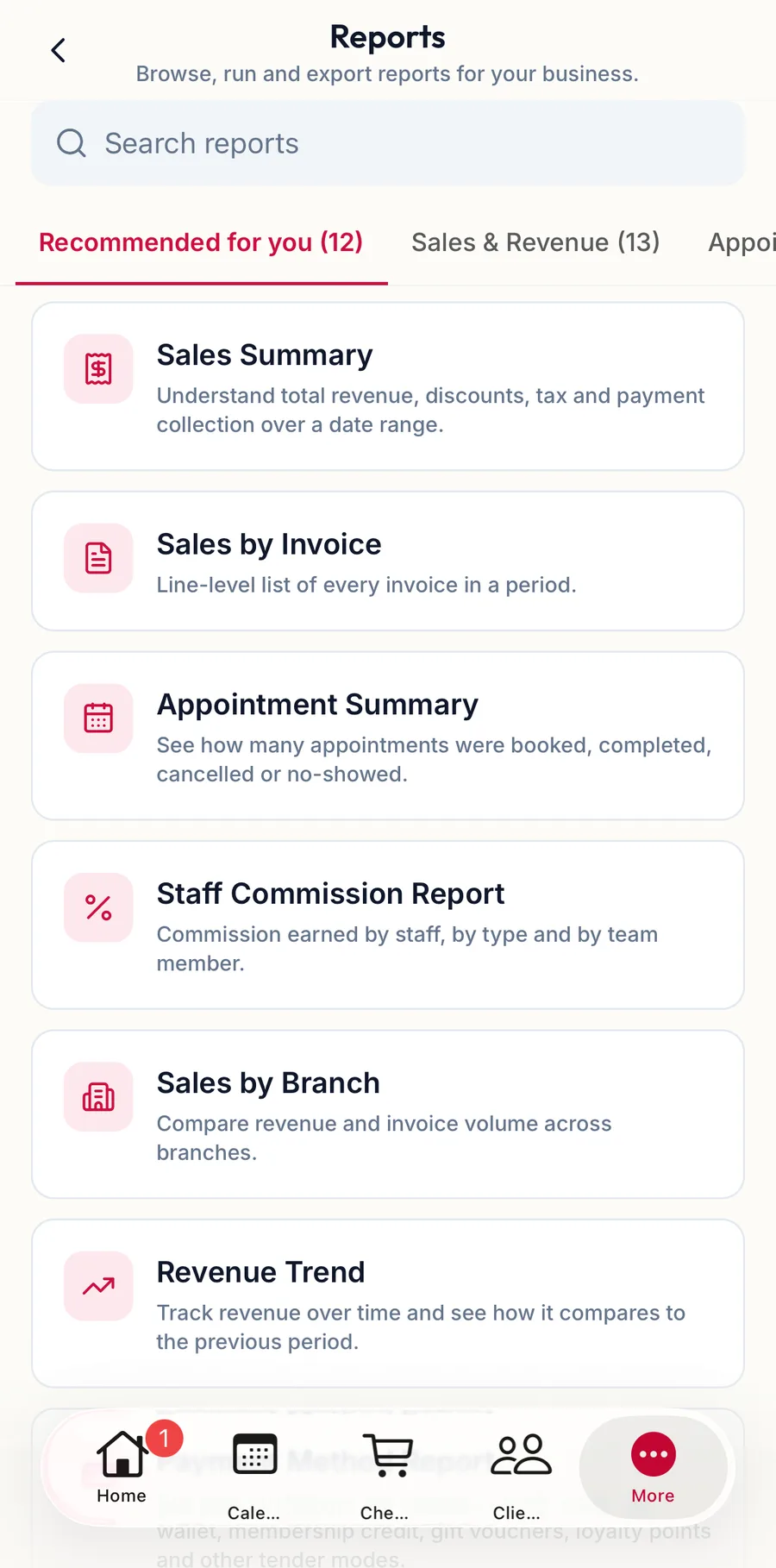 The Reports library in the app
