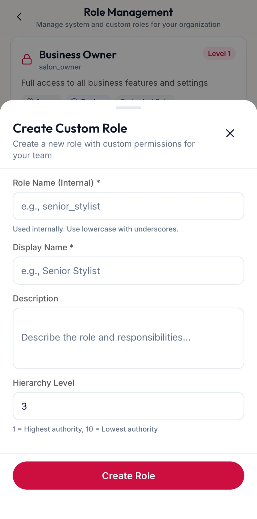 The Create Custom Role sheet in the app