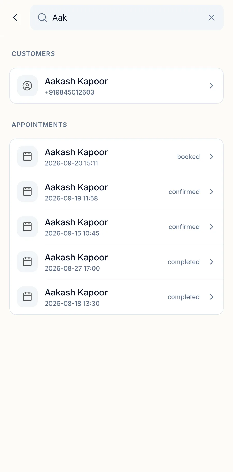 The search screen in the app with results for a customer name