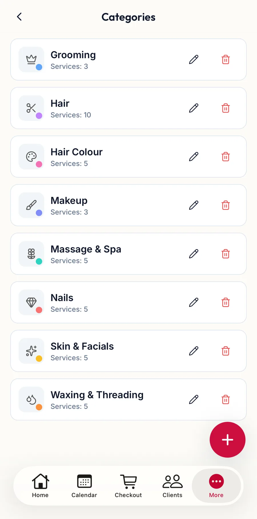 The categories screen in the app