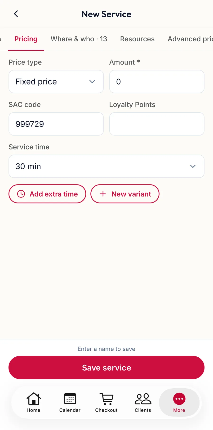 The Pricing section of the service form in the app