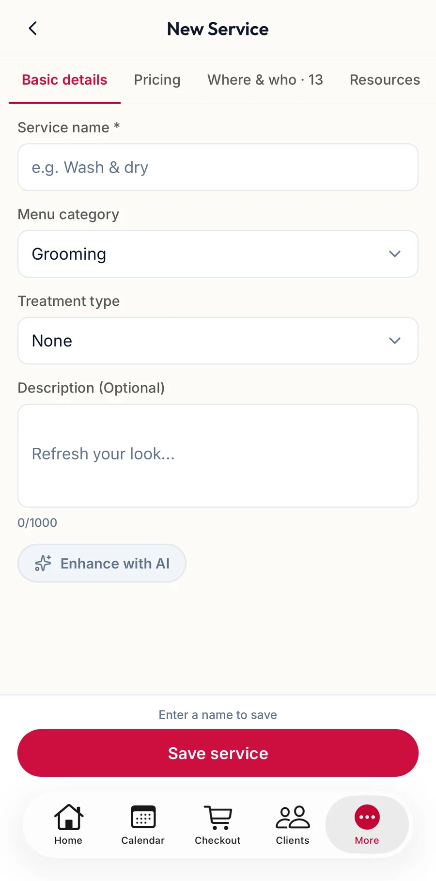 The New Service form in the app on Basic details