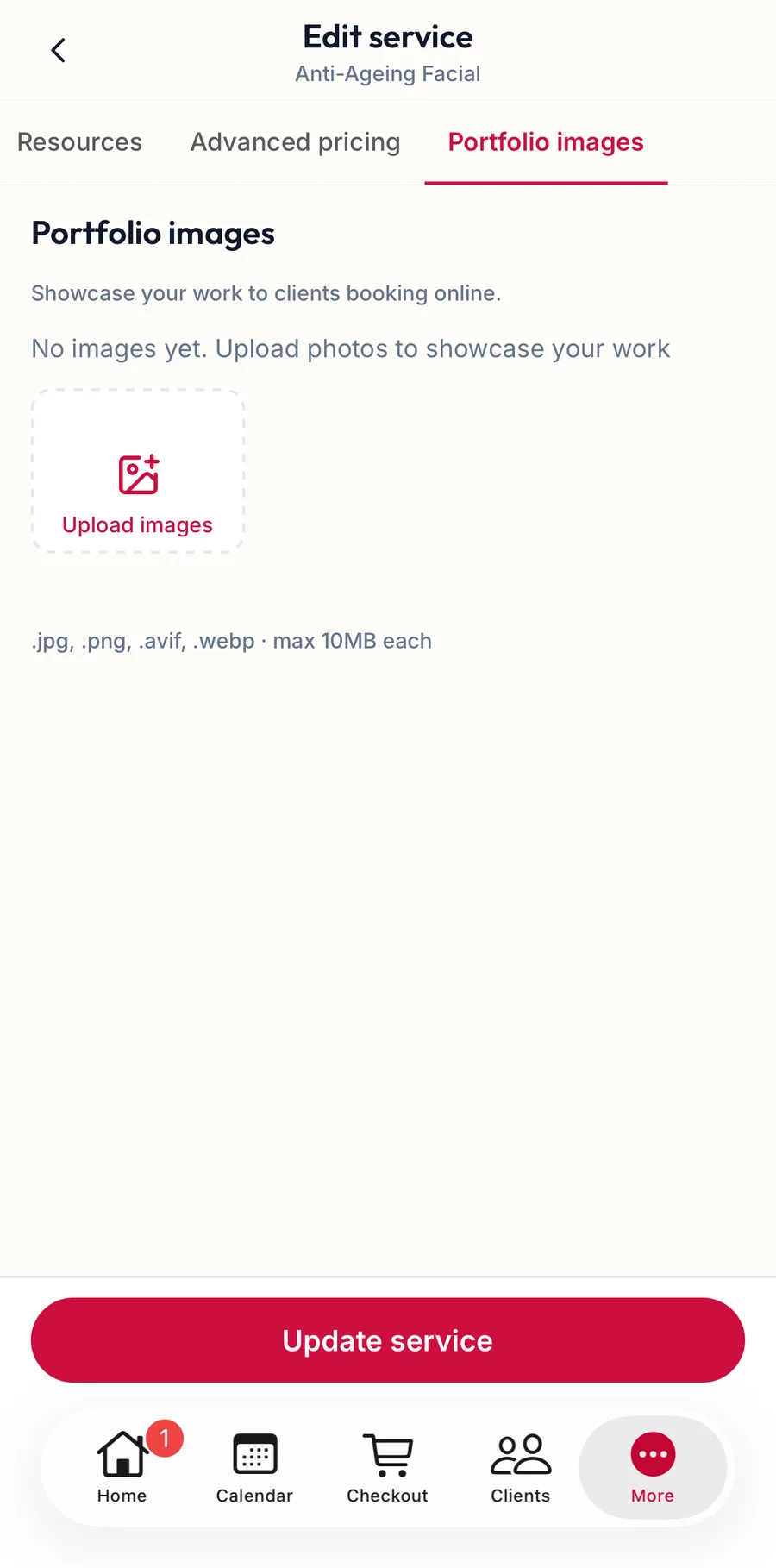 The Portfolio images section of a service in the app