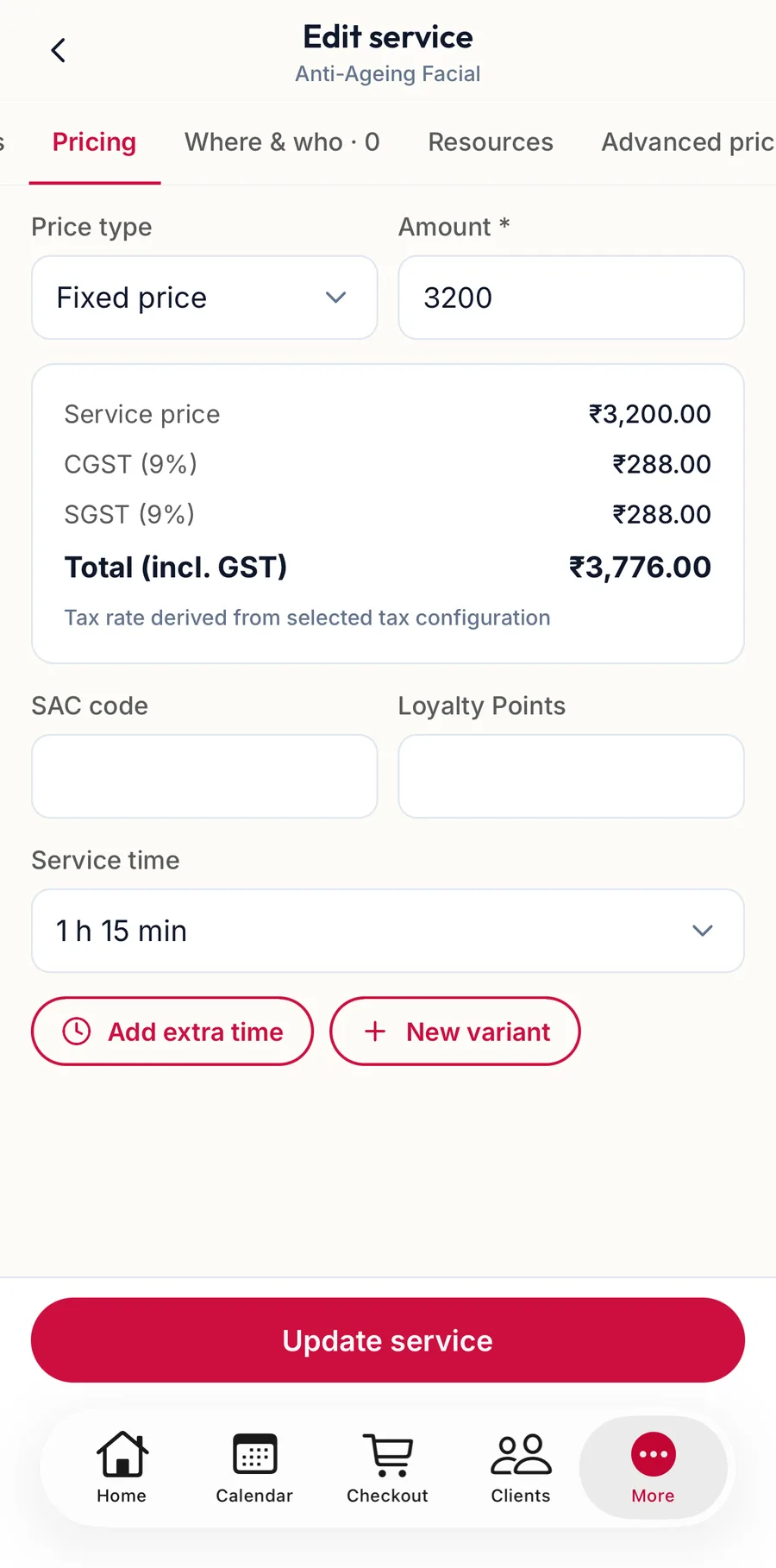 The variants of a service in the app