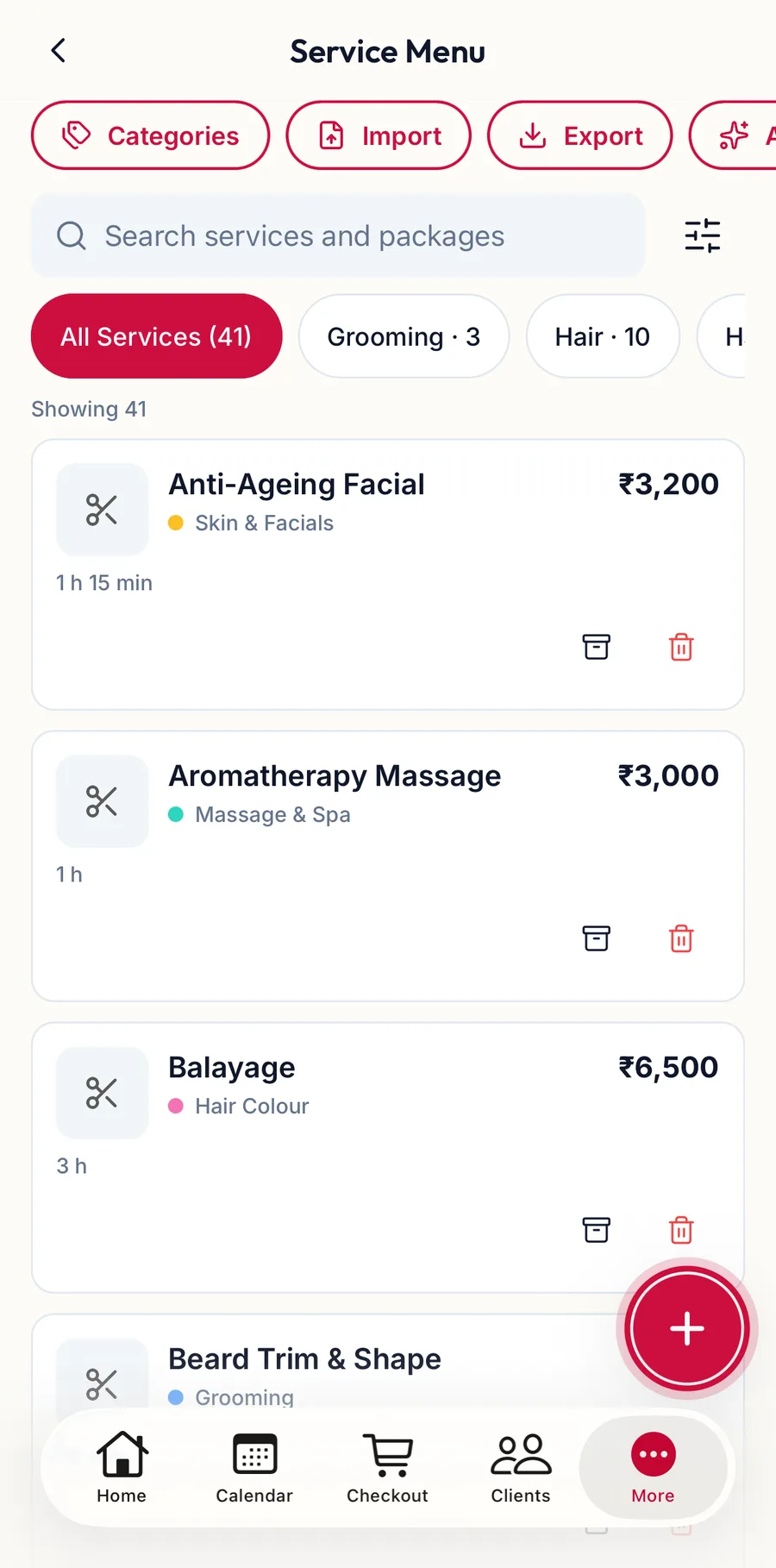 The Service Menu in the app with the add button highlighted