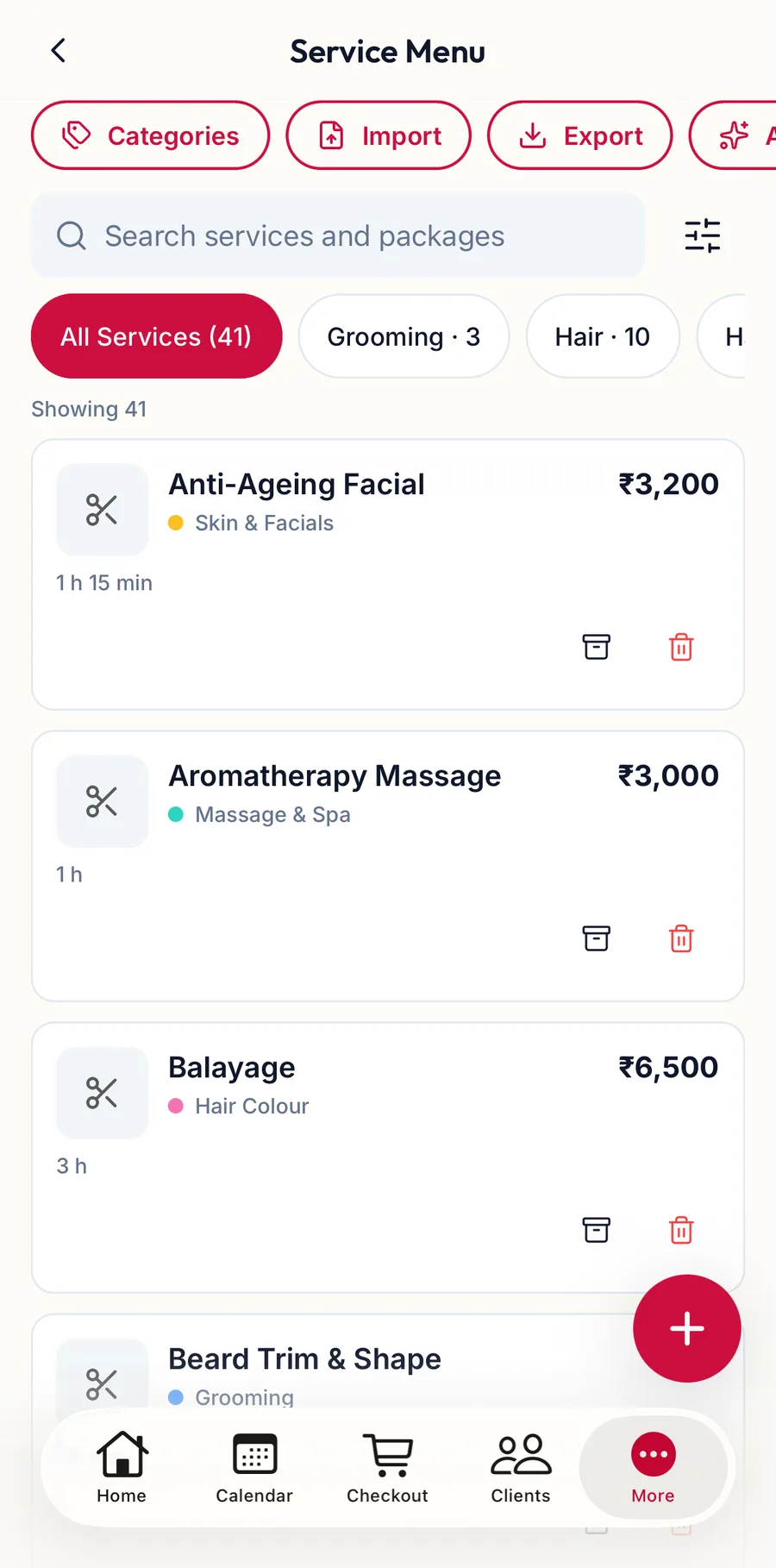 The Service Menu in the app with its category chips
