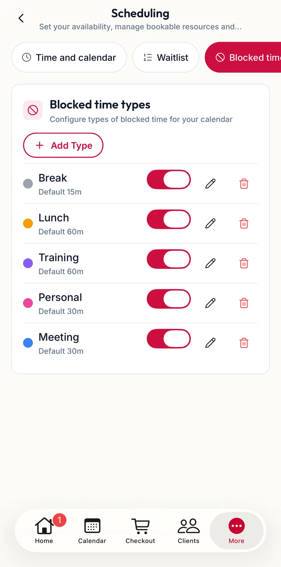 The blocked time types section in the app