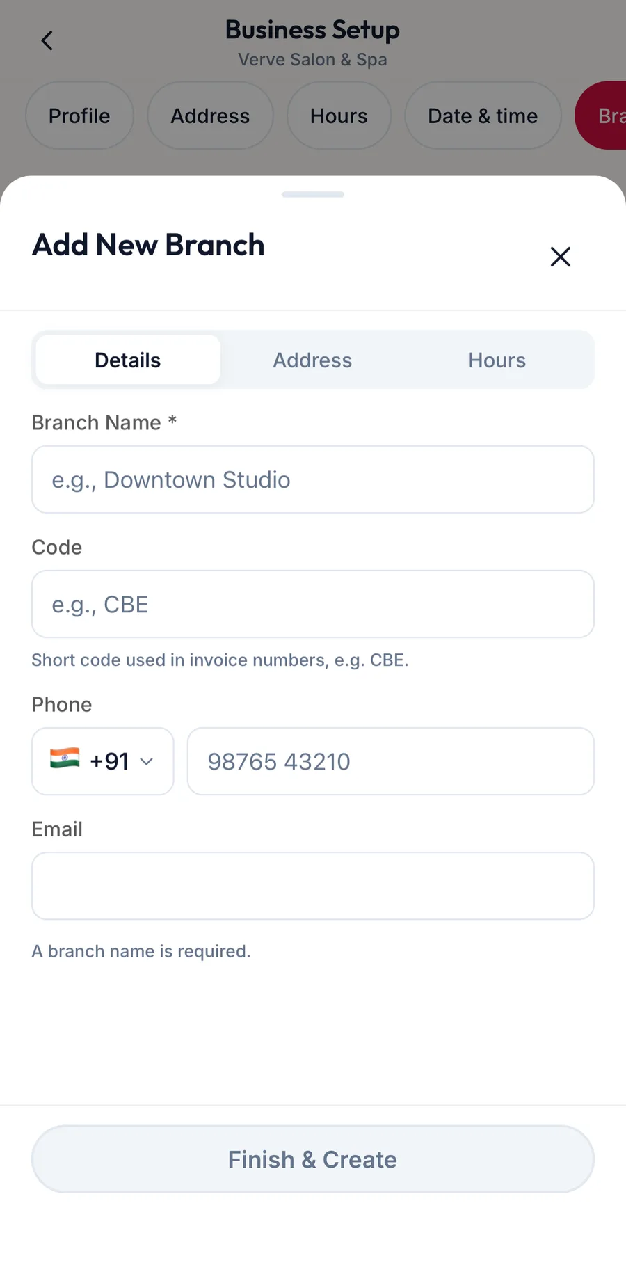 The Add New Branch sheet in the app