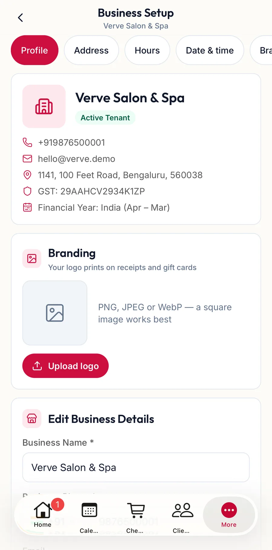 Business Setup in the app