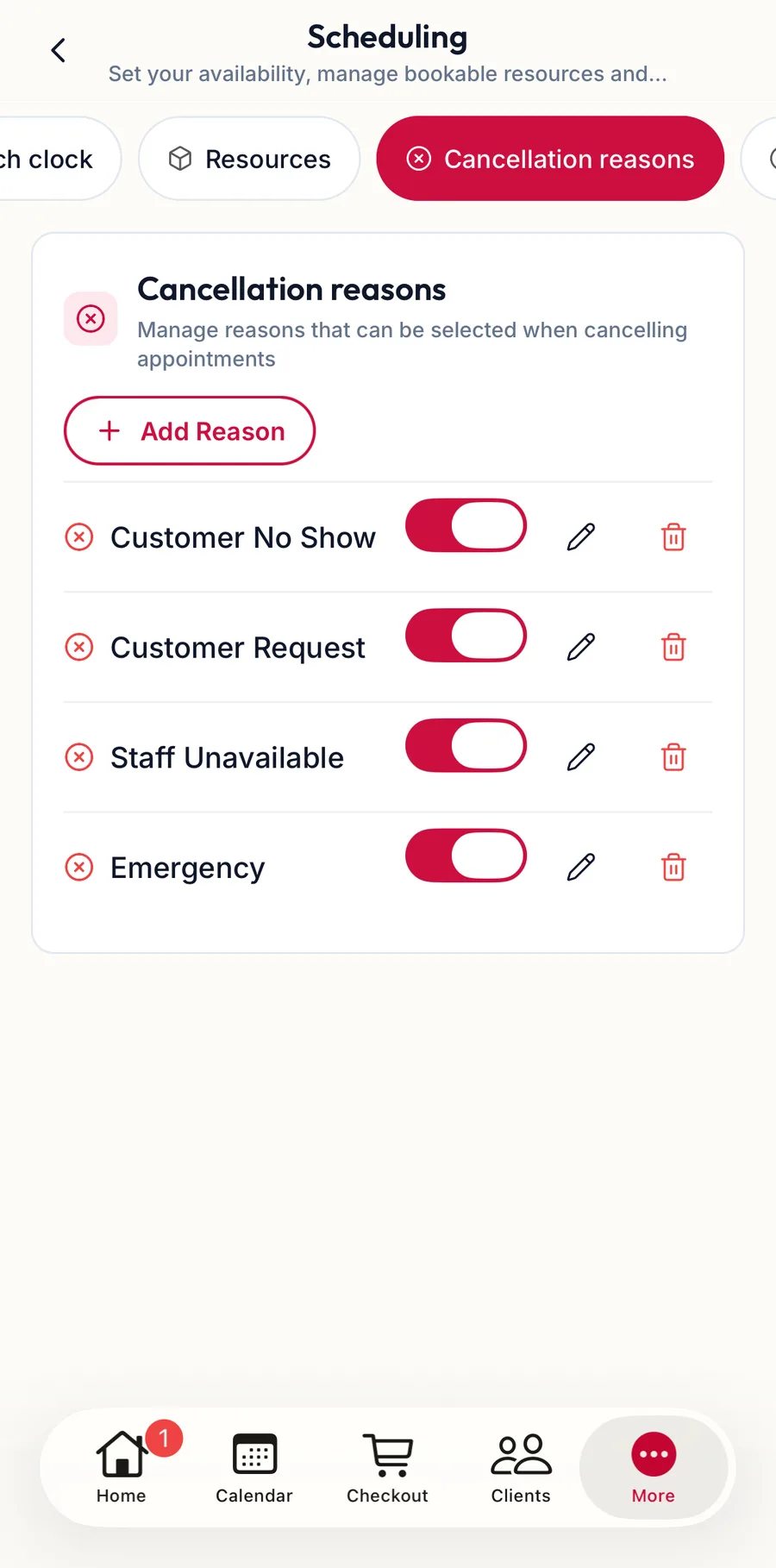 The cancellation reasons section in the app