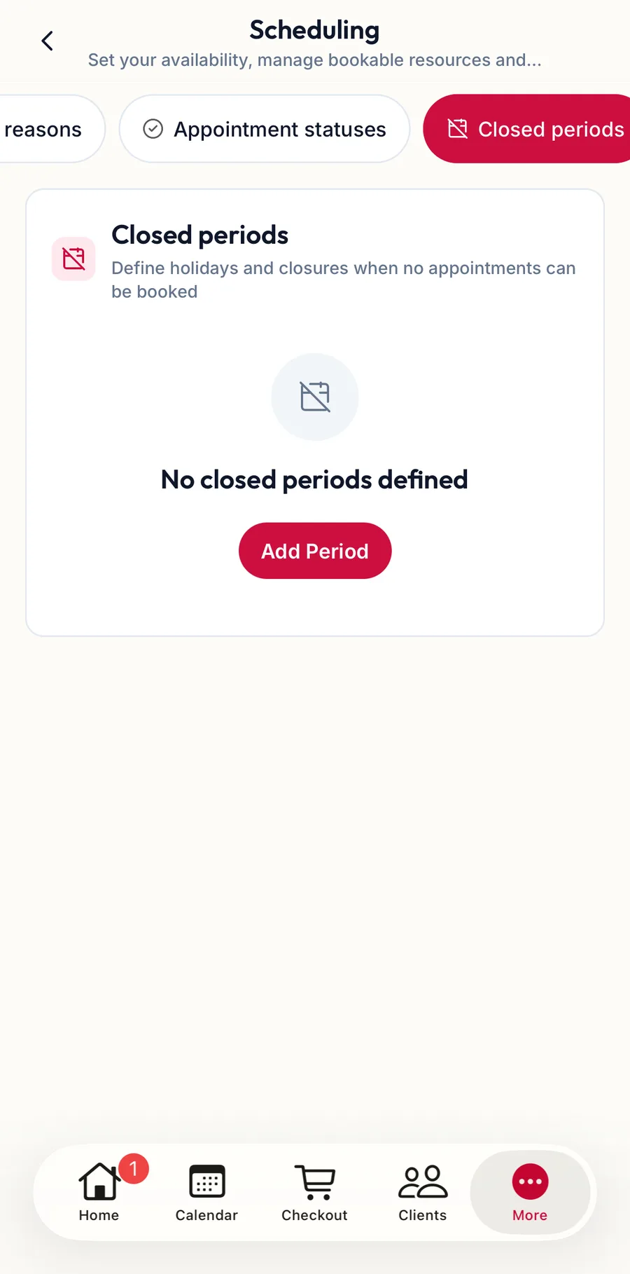 Closed periods in the app's scheduling settings