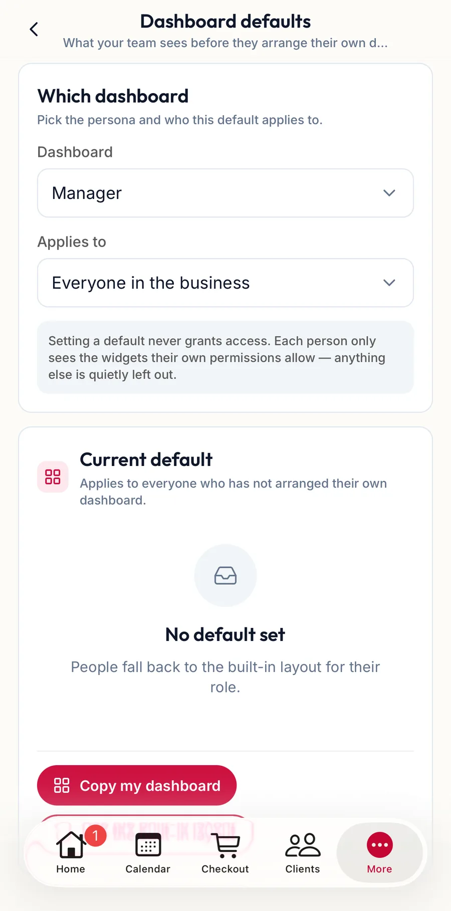 Dashboard defaults in the app