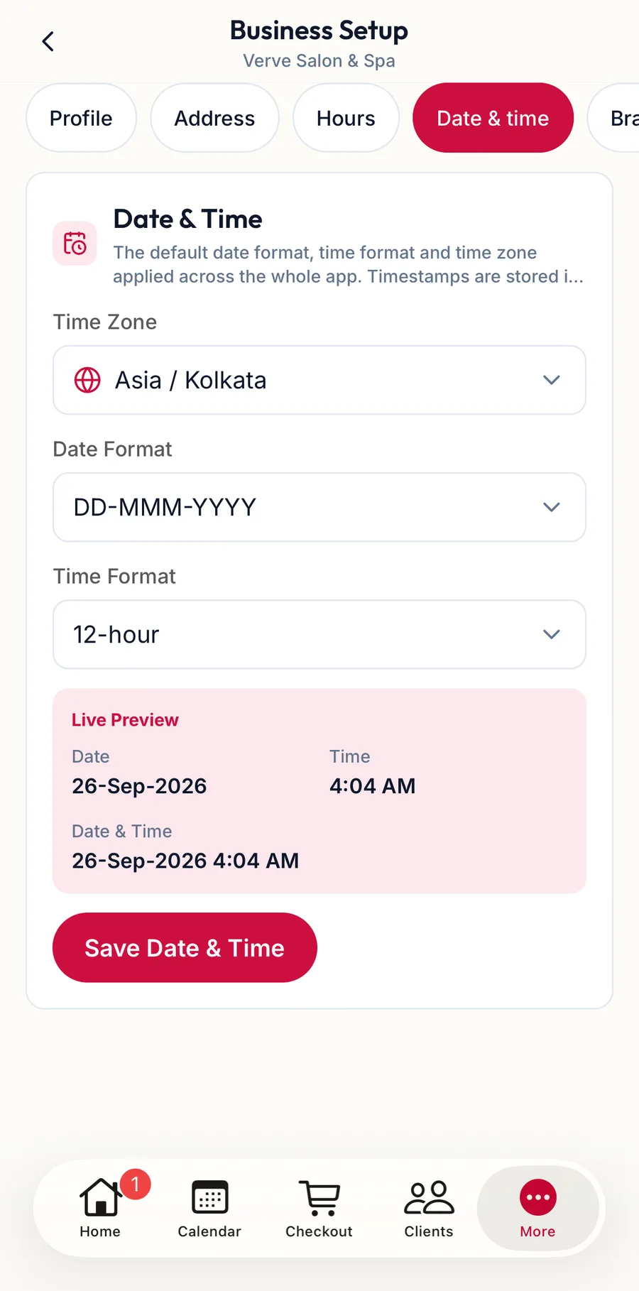 The Date and Time settings in the app