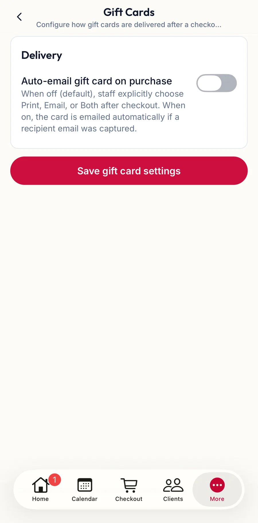 Gift card settings in the app