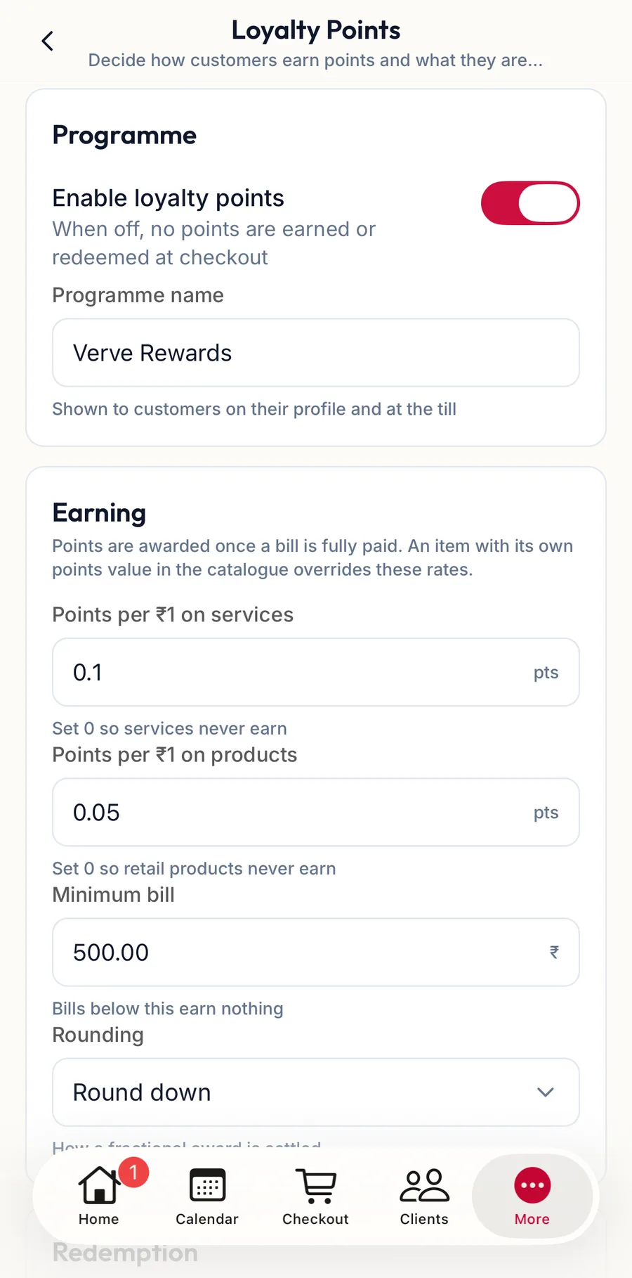 Loyalty Points settings in the app