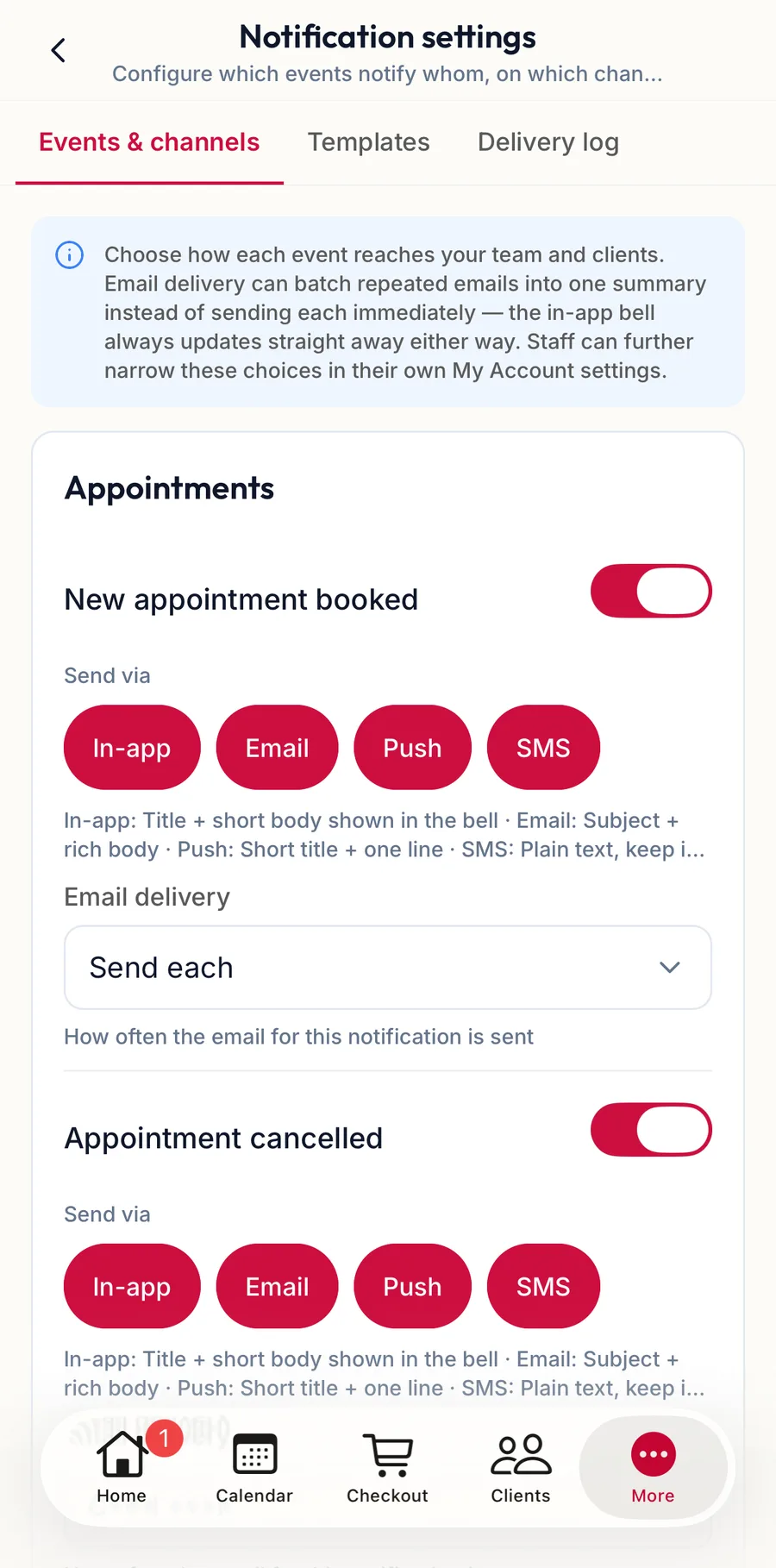 Notification settings in the app