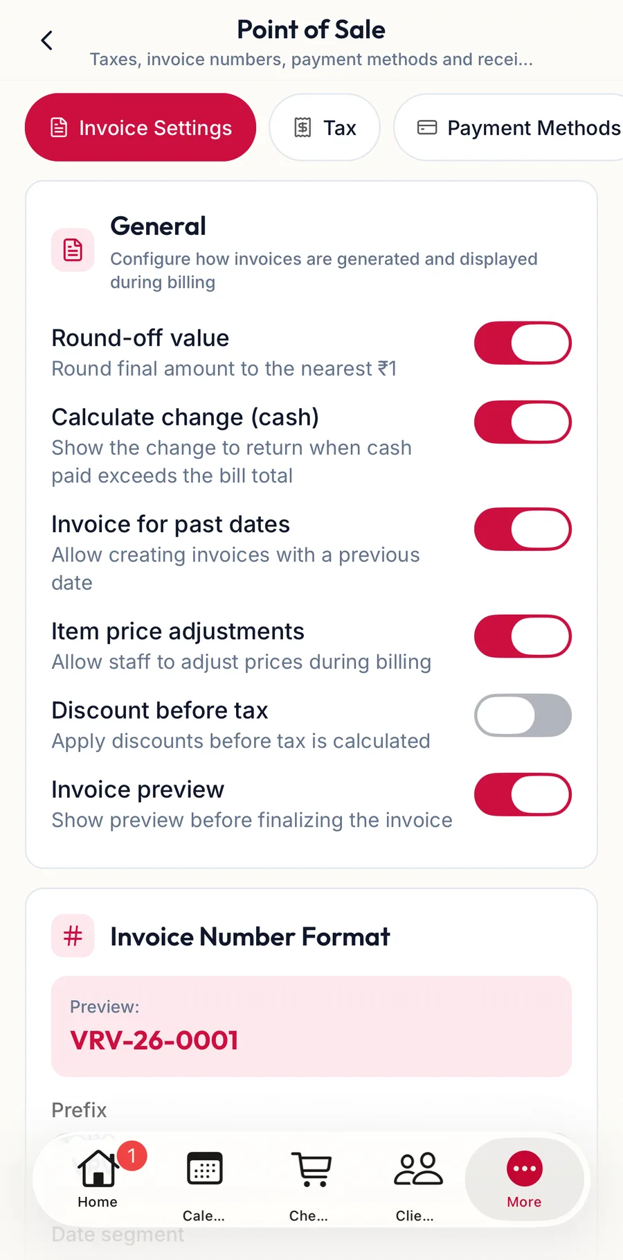 Point of Sale settings in the app on the invoice section