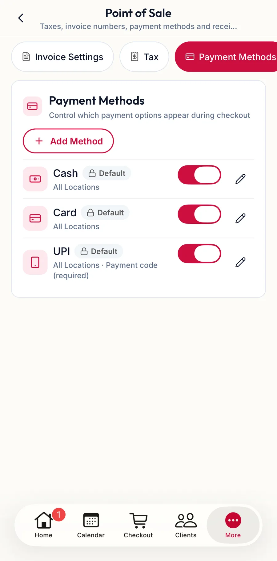 The payment methods section in the app
