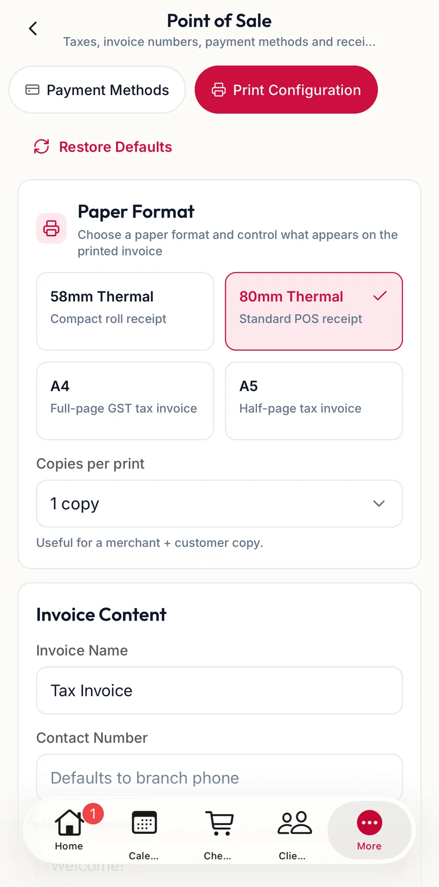 The print configuration section in the app