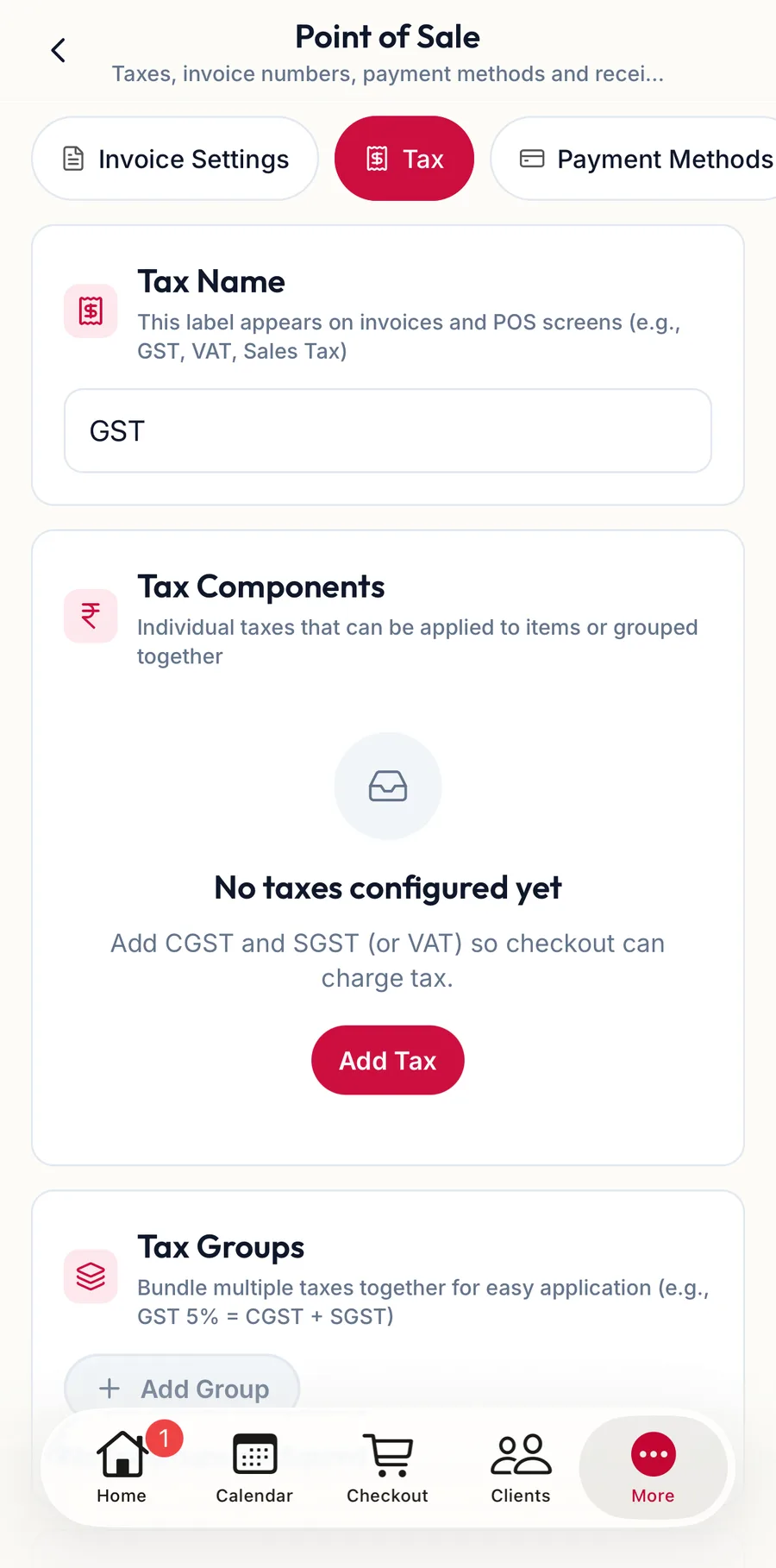 The tax section of Point of Sale settings in the app