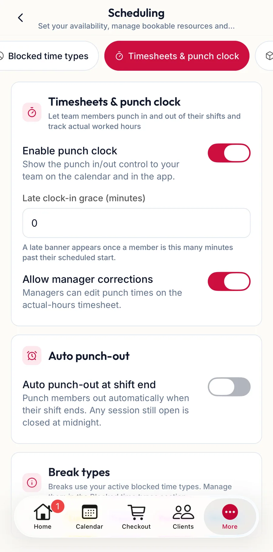 The timesheets and punch clock section in the app