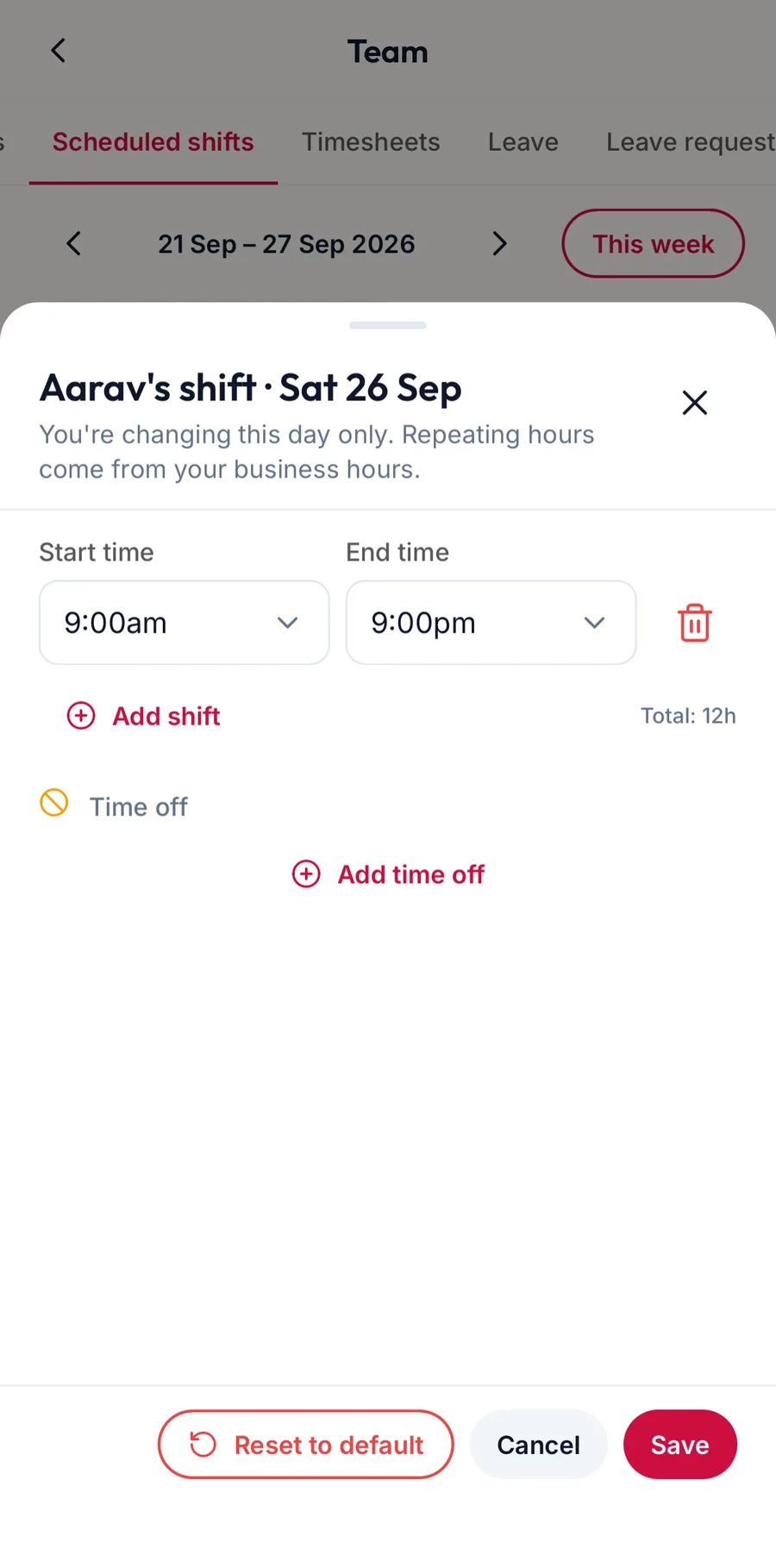 The shift editor in the app