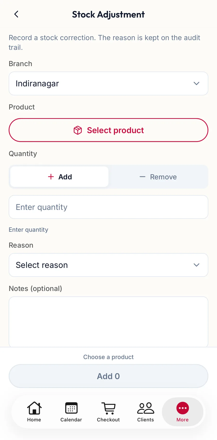 The Stock Adjustment screen in the app