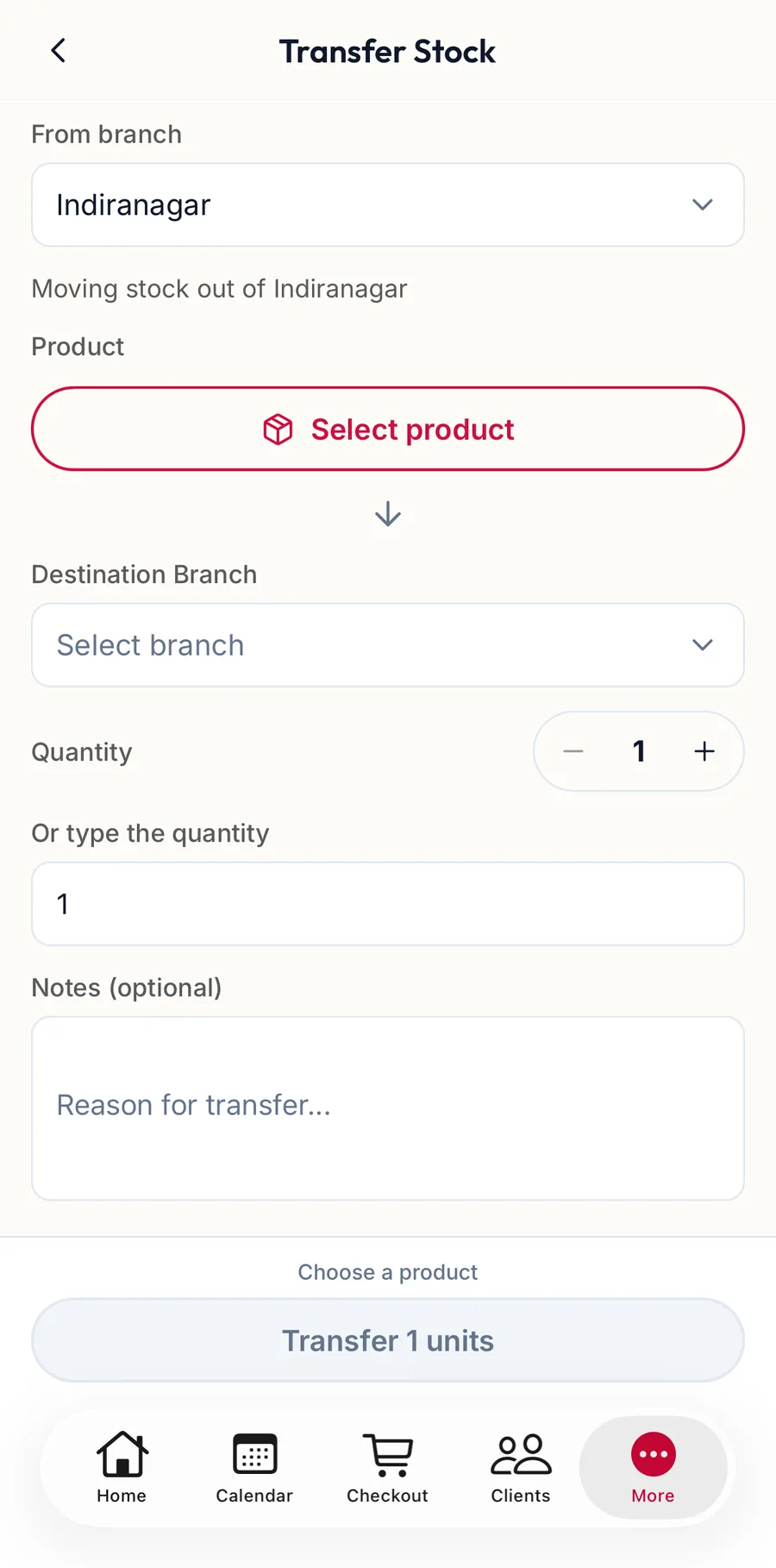 The Transfer Stock screen in the app