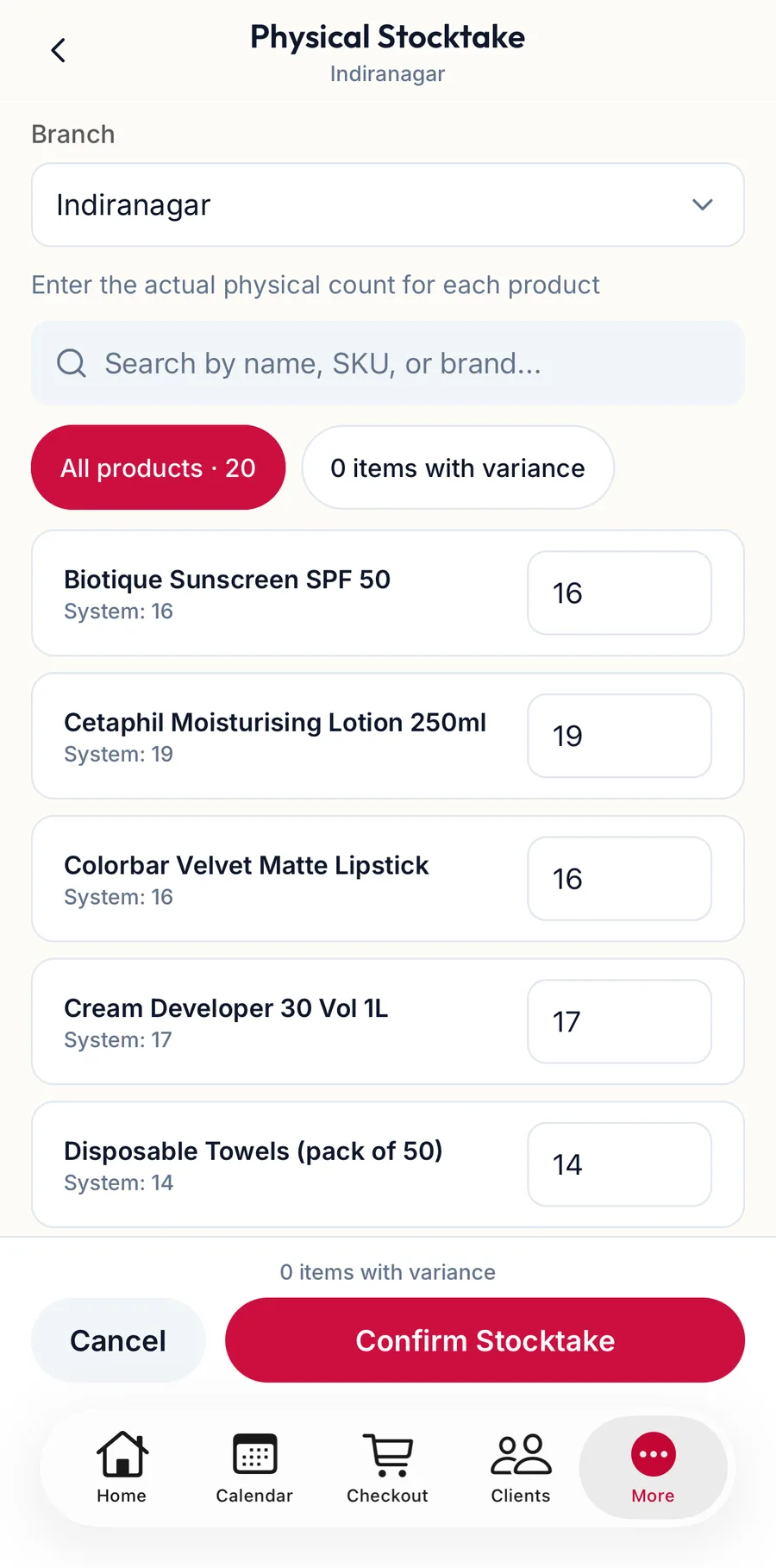 The Physical Stocktake screen in the app